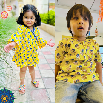 Cotton Yellow Boota Sibling Twinning Outfits