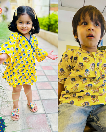 Cotton Yellow Boota Sibling Twinning Outfits