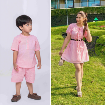 Emily Twinning Outfits for Mother and Son| Pink |Linen and Laces