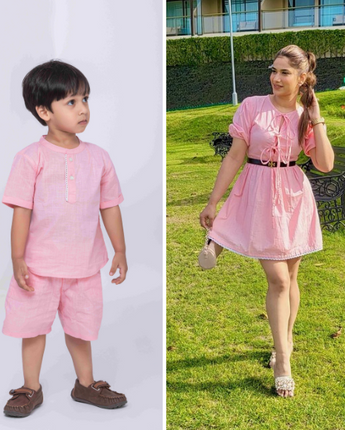 Emily Twinning Outfits for Mother and Son| Pink |Linen and Laces