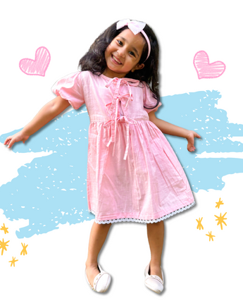 Emily Short Dress for girl| Linen with Laces| Pink