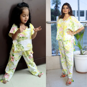 Kaftan Co-Ords Twinning Outfit for Mother and Daughter| Yellow Flamingos| Pure Cotton