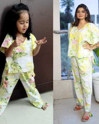 Kaftan Co-Ords Twinning Outfit for Mother and Daughter| Yellow Flamingos| Pure Cotton