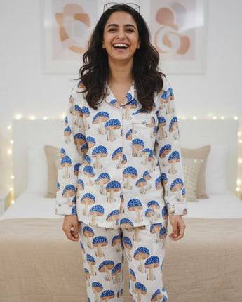 Blue Mushrooms| Adult Nightsuit Set| Pure Cotton