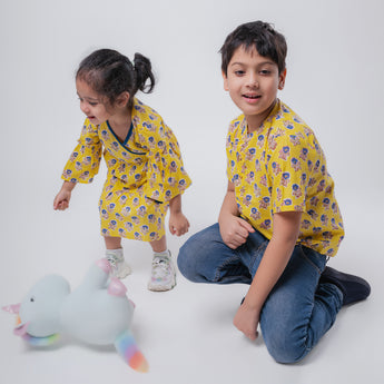 Cotton Yellow Boota Sibling Twinning Outfits