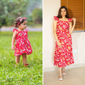 Red Floral Firework Party Twinning Dresses for Mother and Daughter| Pure Cotton