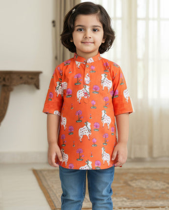 Orange  Pichwai Kurta Shirt for Boys| Pure Cotton