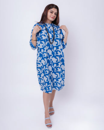 Cotton Women Shirt Dress Flower Power Blue