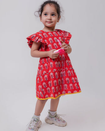 Cotton Girls Frock Red Boota