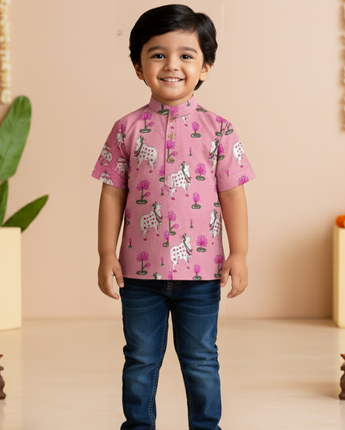 Pink Pichwai Kurta Shirt for Boys| Pure Cotton