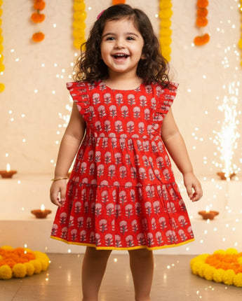 Cotton Girls Frock Red Boota