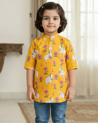 Yellow  Pichwai Kurta Shirt for Boys| Pure Cotton