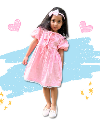 Emily Short Dress for girl| Linen with Laces| Pink