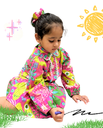 Positano Short Dress for Girls| Neon Garden| Pure Cotton