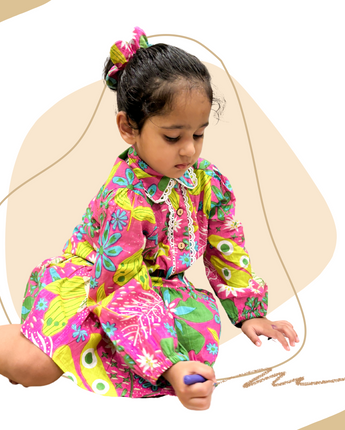Positano Short Dress for Girls| Neon Garden| Pure Cotton