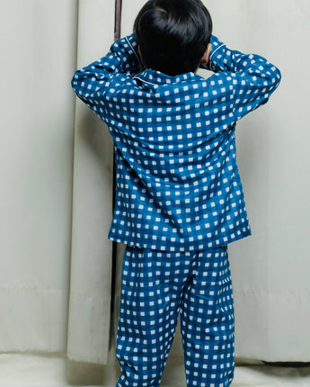Blue Checkerboard | Kids Nightsuit Set |Pure Cotton