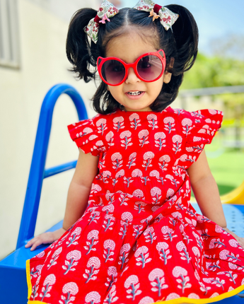Cotton Girls Frock Red Boota