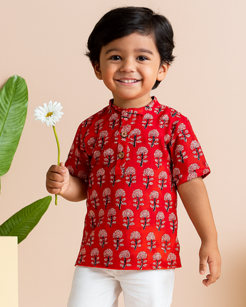 Cotton Boys Kurta Shirt Red Boota