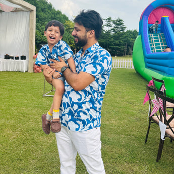 Cotton Flower Power Blue Twinning Shirts for Father & Son: Match in Style!