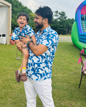 Cotton Flower Power Blue Twinning Shirts for Father & Son: Match in Style!