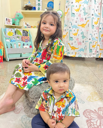 Cotton jungle safari sibbling twinning outfits
