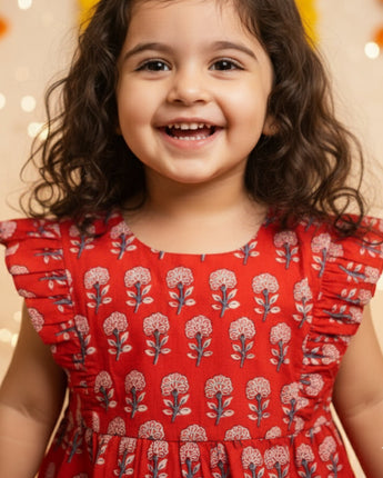 Cotton Girls Frock Red Boota