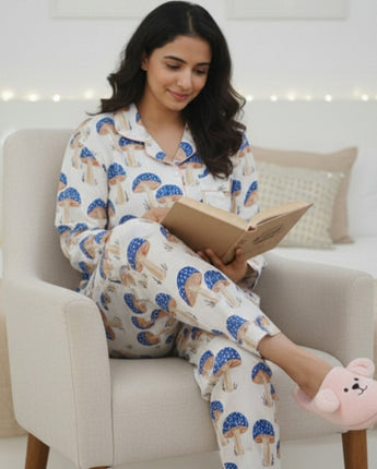 Blue Mushrooms| Adult Nightsuit Set| Pure Cotton