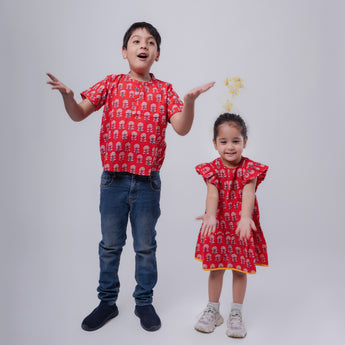 Cotton Red Boota Sibling Twinning Outfits