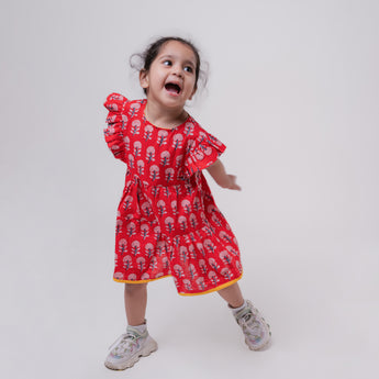 Cotton Girls Frock Red Boota