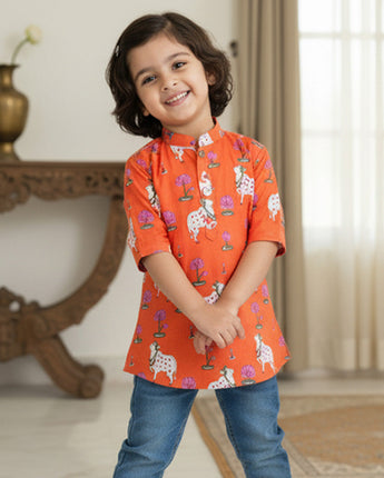 Orange  Pichwai Kurta Shirt for Boys| Pure Cotton