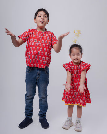 Cotton Boys Kurta Shirt Red Boota