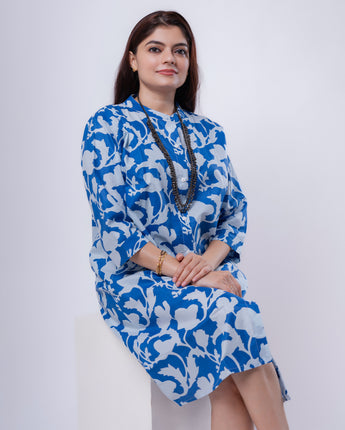 Cotton Women Shirt Dress Flower Power Blue