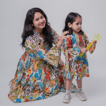 Adorable Cotton Jungle Safari Twinning Dresses for Moms & Kids: Match in Style!