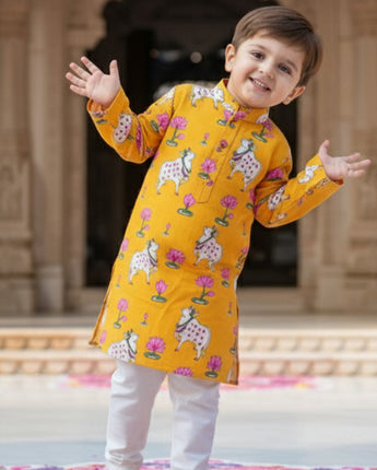 Yellow Pichwai Kurta Pajama Set for Boys| Pure Cotton