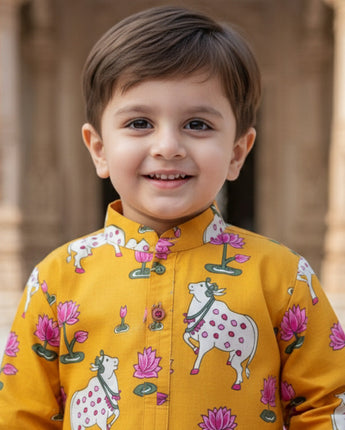 Yellow Pichwai Kurta Pajama Set for Boys| Pure Cotton