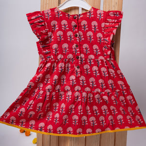 Cotton Girls Frock Red Boota