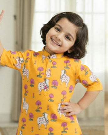 Yellow  Pichwai Kurta Shirt for Boys| Pure Cotton