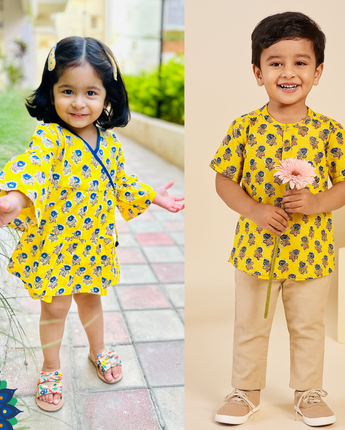 Cotton Yellow Boota Sibling Twinning Outfits