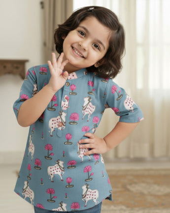 Blue Pichwai Kurta Shirt for Boys| Pure Cotton