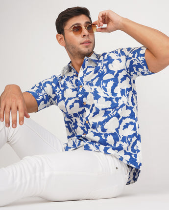 Cotton Men Shirt Flower Power Blue