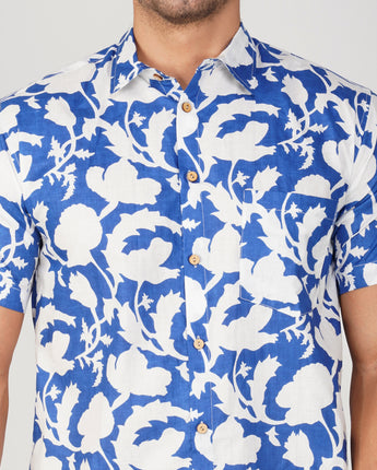 Cotton Men Shirt Flower Power Blue