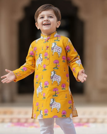 Yellow Pichwai Sibling Twinning Outfits| Pure Cotton