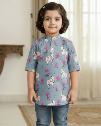 Blue Pichwai Kurta Shirt for Boys| Pure Cotton