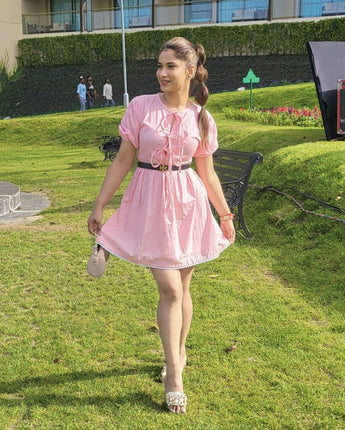 Emily Short Dress for Women| Linen with Laces| Pink