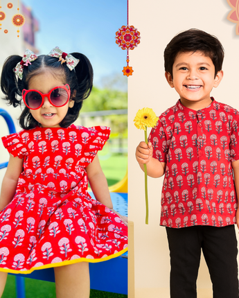 Cotton Red Boota Sibling Twinning Outfits