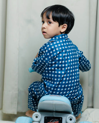 Blue Checkerboard | Kids Nightsuit Set |Pure Cotton
