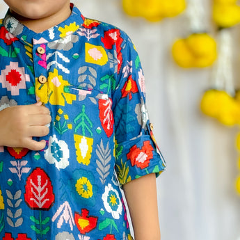 Designer Kurta Pajama Set for Boys| Blue Patola| Pure Cotton