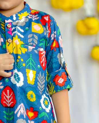 Designer Kurta Pajama Set for Boys| Blue Patola| Pure Cotton