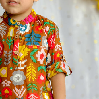 Festive Kurta Pajama Set for Boys| Mustard Patola| Pure Cotton