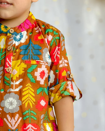 Festive Kurta Pajama Set for Boys| Mustard Patola| Pure Cotton